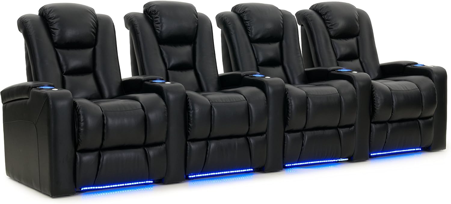Octane Seating Mega XL950 Home Theater Seats - Black Bonded Leather - Power Recline - Row of 4