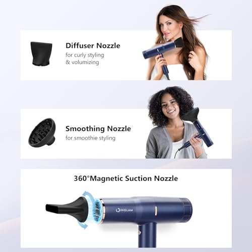 Blow Dryer with Diffuser, IG INGLAM Professional Hair Dryer 110,000RPM Brushless Motor High Speed Low Noise Constant Temperature Auto-Clean, Powerful Ionic Hair Dryer for Salon Travel Gift