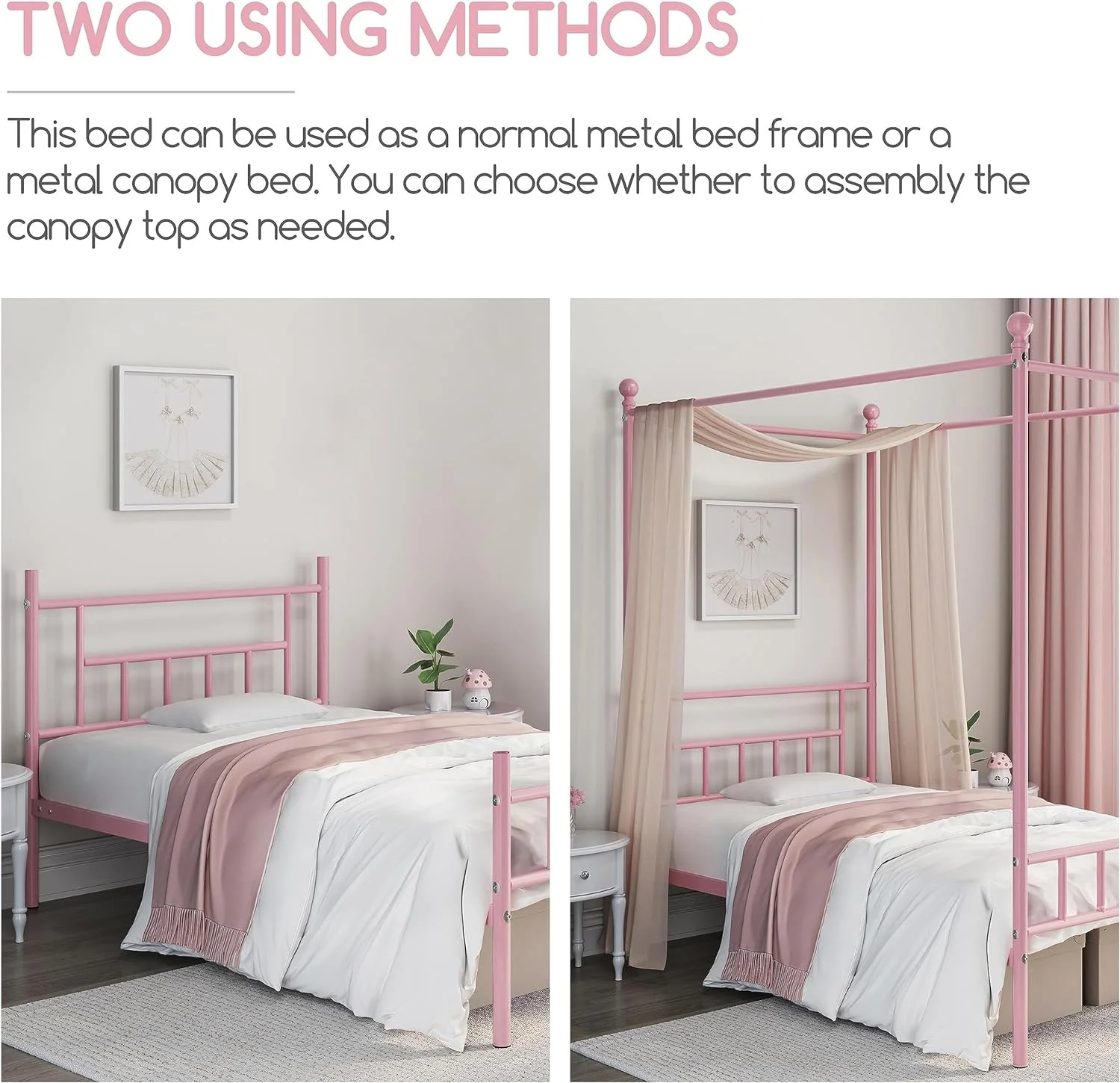 Twin Canopy Bed Frames Metal Platform Bed Frame Four-Poster Canopied Bed Mattress Foundation with Headboard and Footboard Sturdy Slatted Structure Easy Assembly No Box Spring Needed Pink
