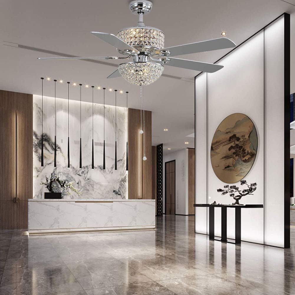 TFCFL Modern 52in Crystal Ceiling Fan with Light and Remote 5 Blades Chandelier Fan Lighting with 3 Speed Adjustable & Timing Function, Crystal Ceiling Fan for Living Room Bedroom Office (Silver)