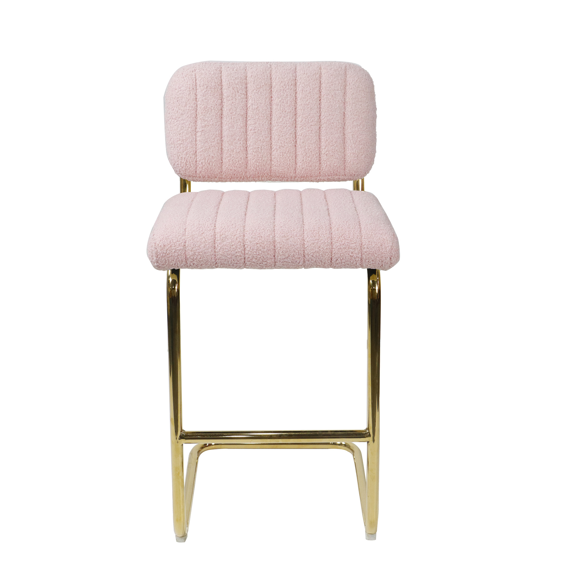 Mid-Century Modern Counter Height Bar Stools for Kitchen Set of 2, Armless Bar Chairs with Gold Metal Chrome Base for Dining Room, Upholstered Boucle Fabric Counter Stools, Pink