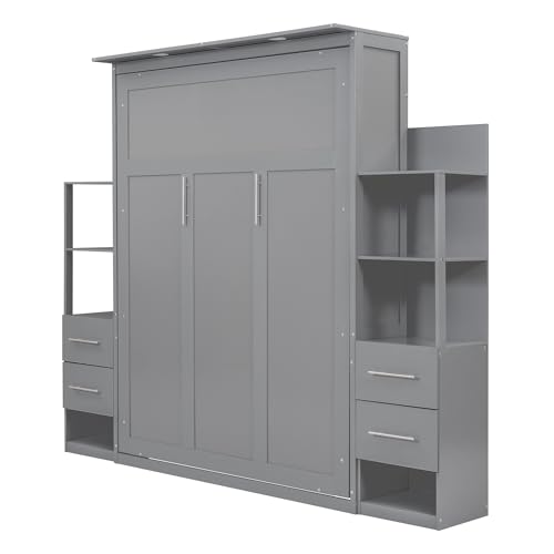 Queen Size Murphy Bed Wall Bed with Shelves,Multifunctional Easy Fold Wood Wall Bed with Drawers and LED Lights for Guest Room Home Office,Space-Saving Murphy Bed Cabinet (Gray-AB91)