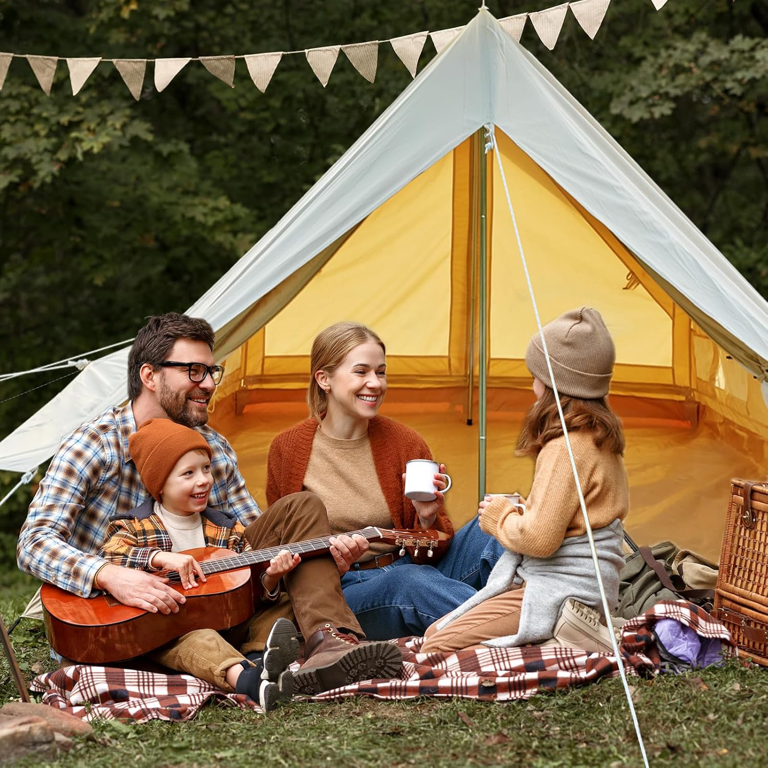 Double Door Canvas Glamping Tent Rainproof, Camping Bell Tent for 4 Person with Windows, Easy Set-Up All Season Tents - Embrace Outdoor Luxury with Family-Friendly Tent and Ready for Thrills