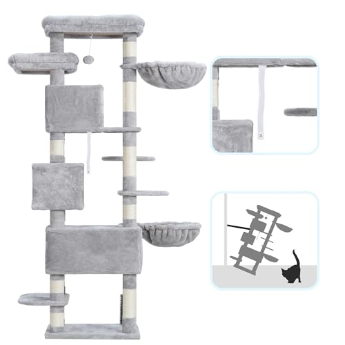 Hey-brother Cat Tree, 74 inches Multi-Level XL Large Cat Tower for Indoor Cats with Three Cat Condos, Two Large Top Decks and Cat Hairbrushfor Kittens, Cats and Pets, Light Gray MPJ035-MW