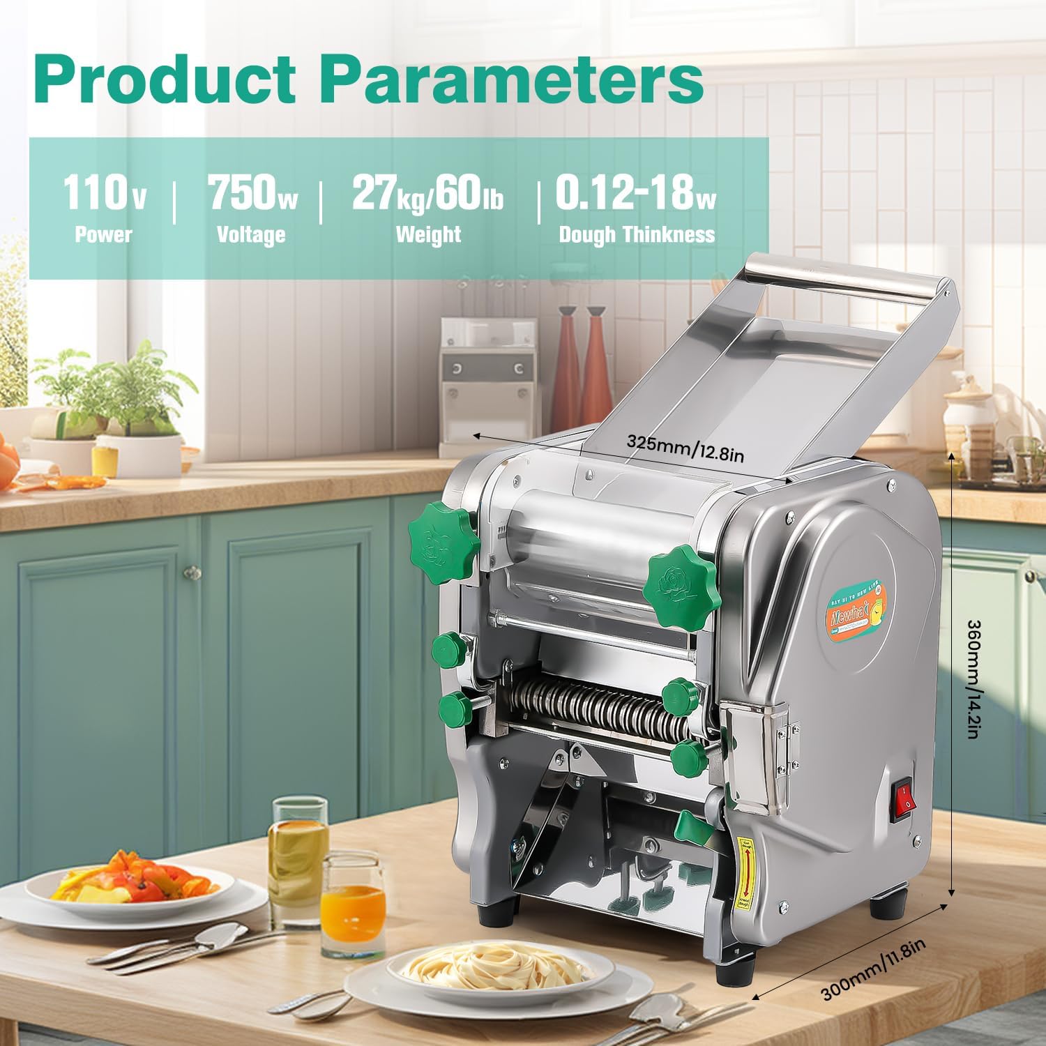 Newhai Commercial Electric Pasta Maker 2-in-1 Automatic Noodle Machine Thickness Adjustable 2mm 6mm Noodle Heavy Duty Dough Roller Pressing Machine, 750W