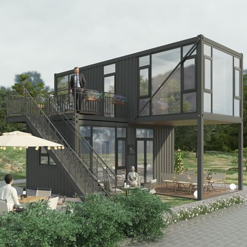 Luxury Two-Story Prefab Villa - Modular Shipping Container House with Living Room, Bathroom, Kitchen for Homes, Hotels, Offices (20Feet), Black & Brown, MZ-DOBLE1X1