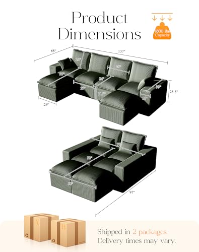 107" Comfy Cloud Couch with L-Shape Chaise & Deep Seat, Modular Sectional Sofa in a Box, Boneless Upholstered Couches for Living Room, No Assembly Required (Soft Corduroy, Black)