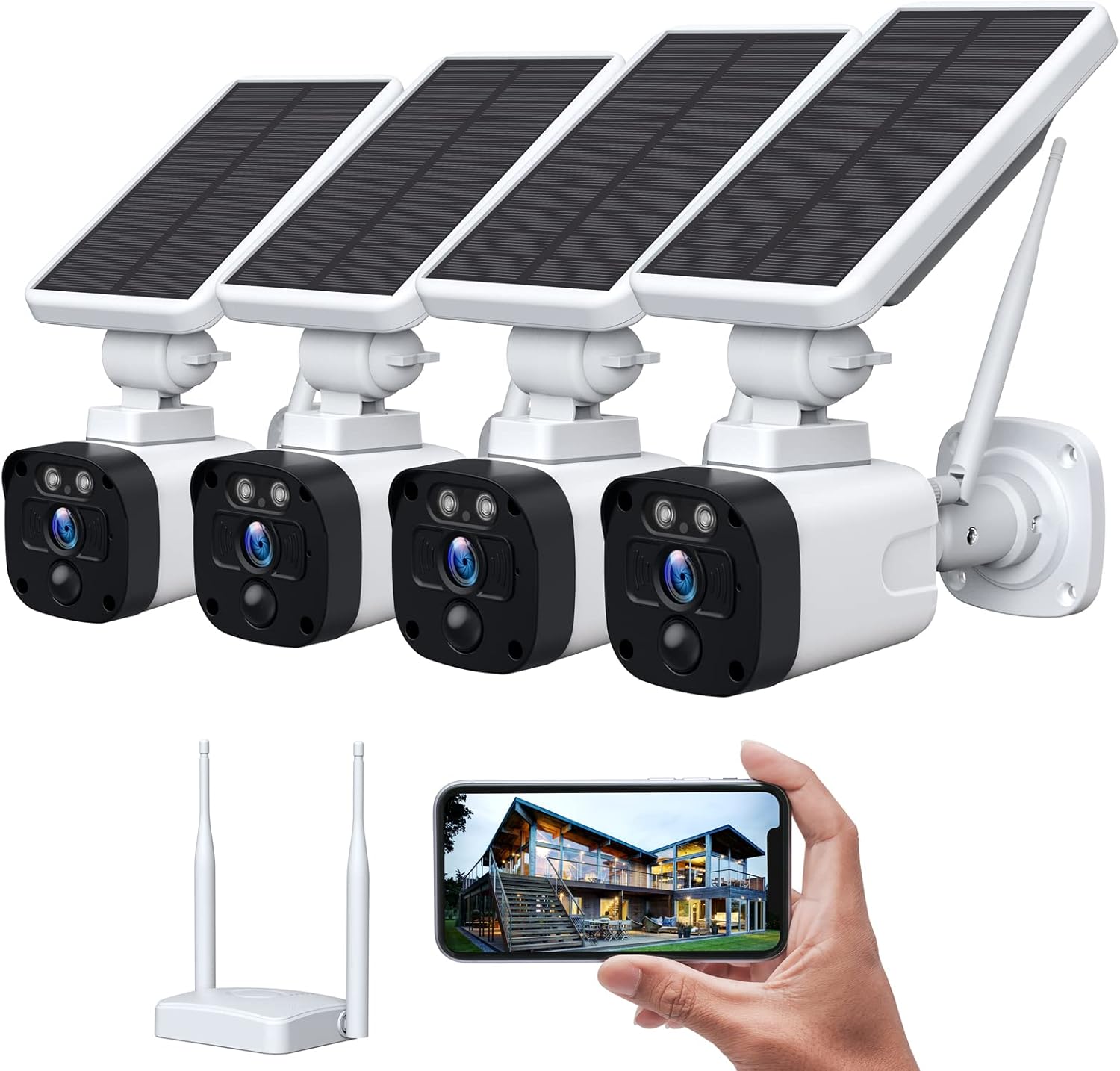 3MP Solar Security Camera System Wireless Outdoor for Home Surveillance, 4 Cameras Security System Solar Powered with Base Station, 2-Way Audio, PIR Motion Detection, Night Vision, IP65 Waterproof