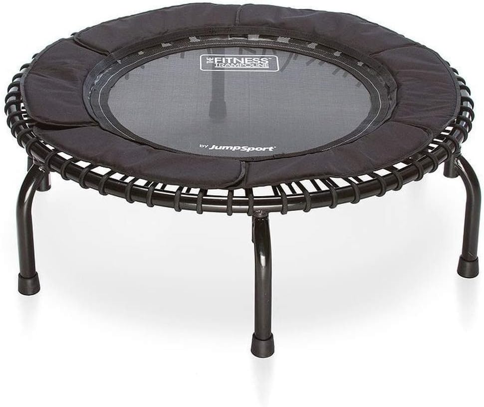 JumpSport 250 Indoor Home Cardio Fitness Rebounder Durable Bounce Exercise Mini Trampoline with Handle Bar Accessory, Premium Bungees, and Workout DVD