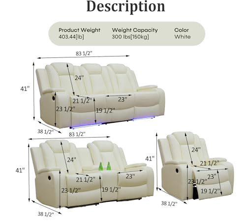 Leather Recliner Sofa Set with LED Lights,Power Reclining Sofa with USB Port/Wireless Charger/Storage Console/Cup Holder for Living Room/House/Home Theater(3 Piece Set,Black)