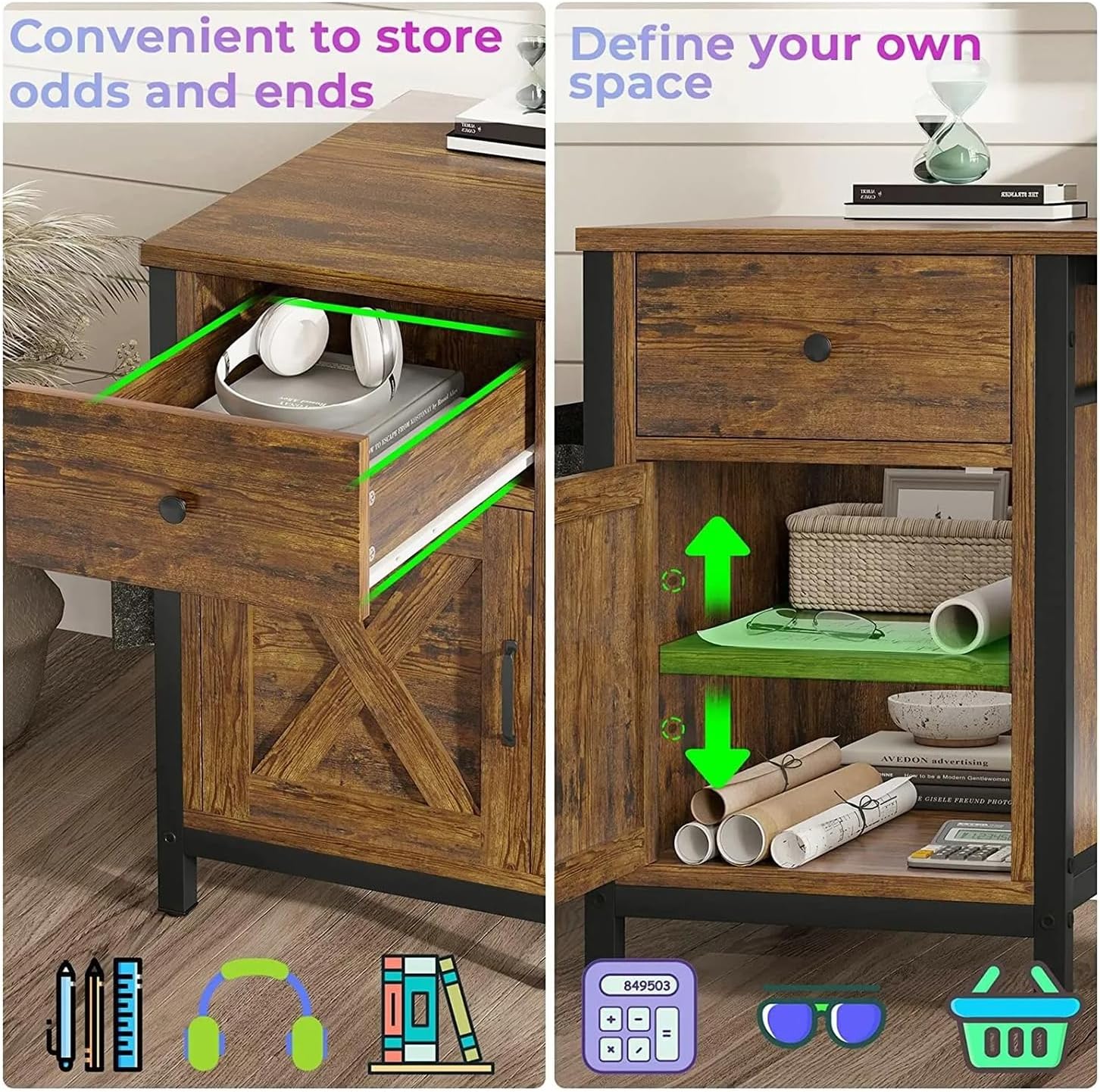 New 87 Inches Rustic Brown L Shaped Computer Desk Corner Reversible Long Home Office Table with Monitor Stand Gaming Power Outlet Shelf Shelves Storage Drawer Metal Wood Modern 86.6”L x 19.7”W x 30”H