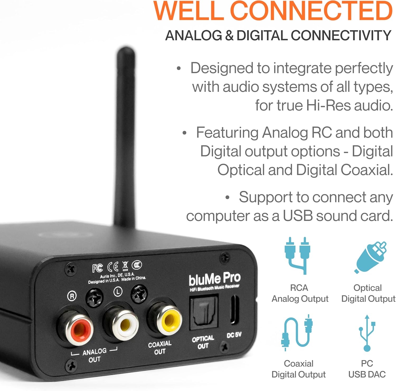 Auris Blume Pro HiFi Bluetooth 5.0 Music Receiver Long Range Bluetooth Adapter with Audiophile DAC, LDAC, aptX HD, OLED Display & Optical Coaxial AUX Output for Home Stereo, AV Receiver or Amplifier