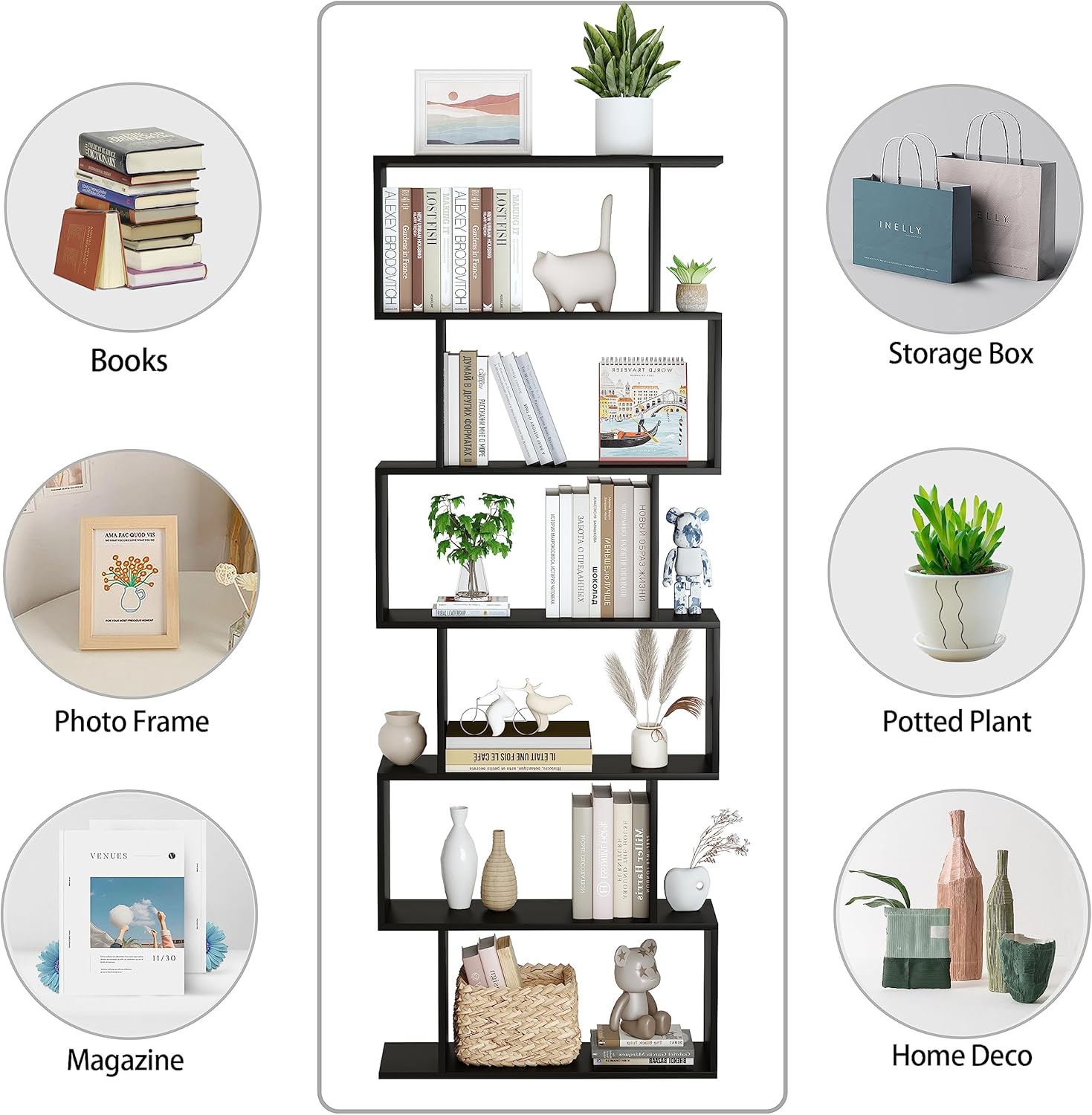 Yusong Bookshelf, Geometric Bookcase S Shaped Book Shelves Unit for Living Room, 6 Tier Tall Decorative Display Shelf for Bedroom, Study Room, Black