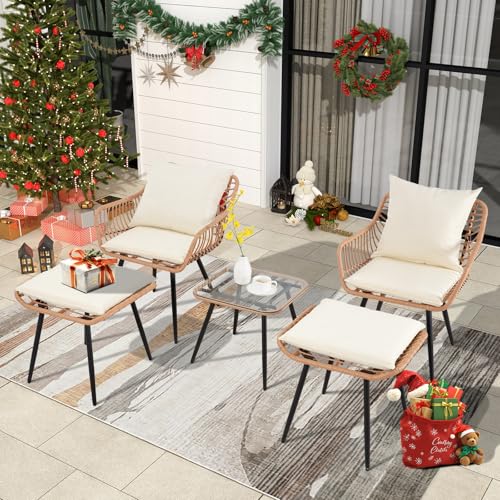 3 Pieces Patio Bistro Set, Outdoor Wicker Table and Chairs Set of 2, Rattan Balcony Furniture Set with Cushions for Front Porch Apartment Backyard Deck,Beige