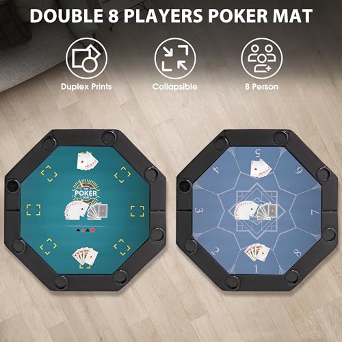 Poker Table Foldable with Double Top, 8 Player Octagonal Poker Table with Chips, Cup Holder, Casino Texas Holdem Table, Felt Blue