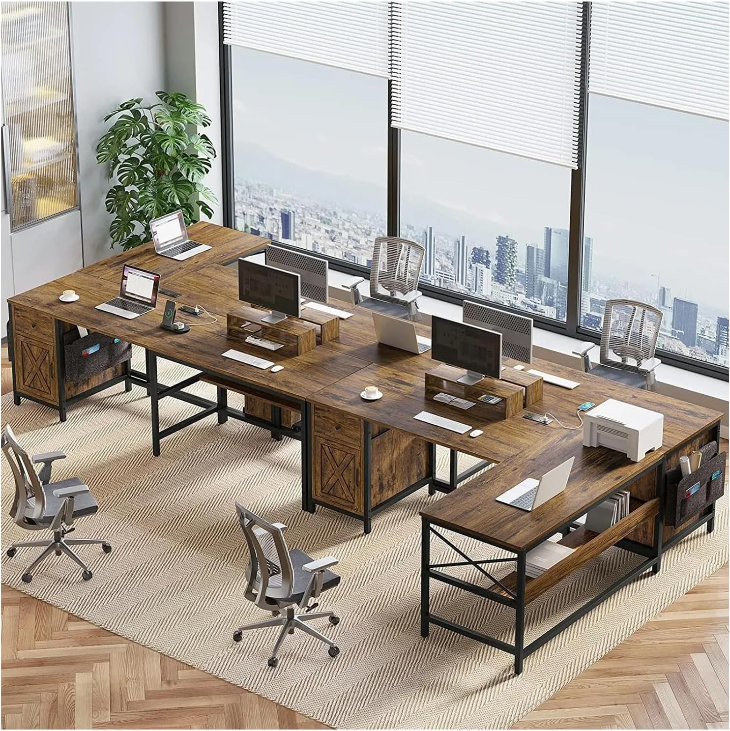 New 87 Inches Rustic Brown L Shaped Computer Desk Corner Reversible Long Home Office Table with Monitor Stand Gaming Power Outlet Shelf Shelves Storage Drawer Metal Wood Modern 86.6”L x 19.7”W x 30”H