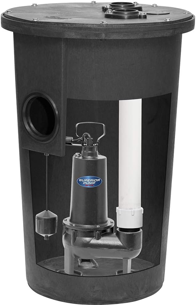 Superior Pump 93015-U Cast Iron Tethered Float Switch Sewage Pump with Basin Kit, 1/2 HP, Black