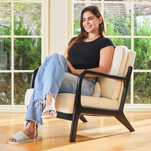Belffin Accent Chair Modern Mid-Century Linen ArmChair Upholstered Arm Chair with Soft Cushion Solid Wood Accent Side Chairs Light Grey
