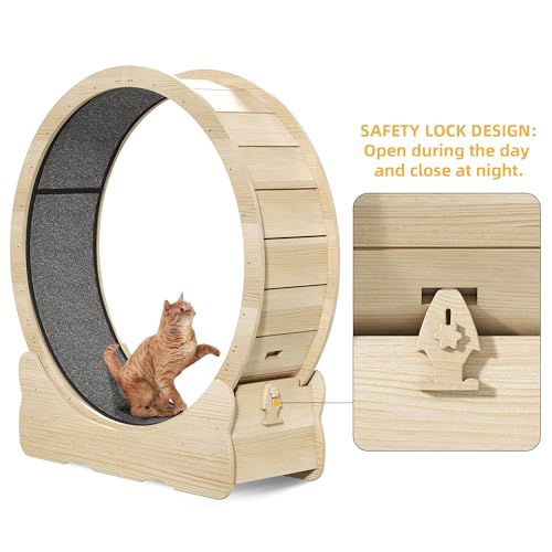 DWVO Cat Wheel Exerciser for Indoor Cats, 43.3 Inch Solid Wood Cat Exercise Running Wheel with Carpeted Runway, Low Noise Cat Treadmill Wheel with Locking Mechanism, Ideal Gifts for Cat, Burlywood