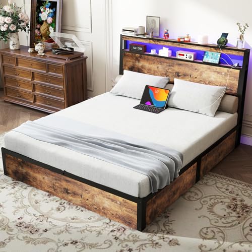 SADENICEL Queen Bed Frame with Storage Headboard and 4 Drawers, Metal Platform Bed Frame with LED Light, Charging Station, No Box Spring Needed, Noise Free, Easy Assembly, Vintage Brown