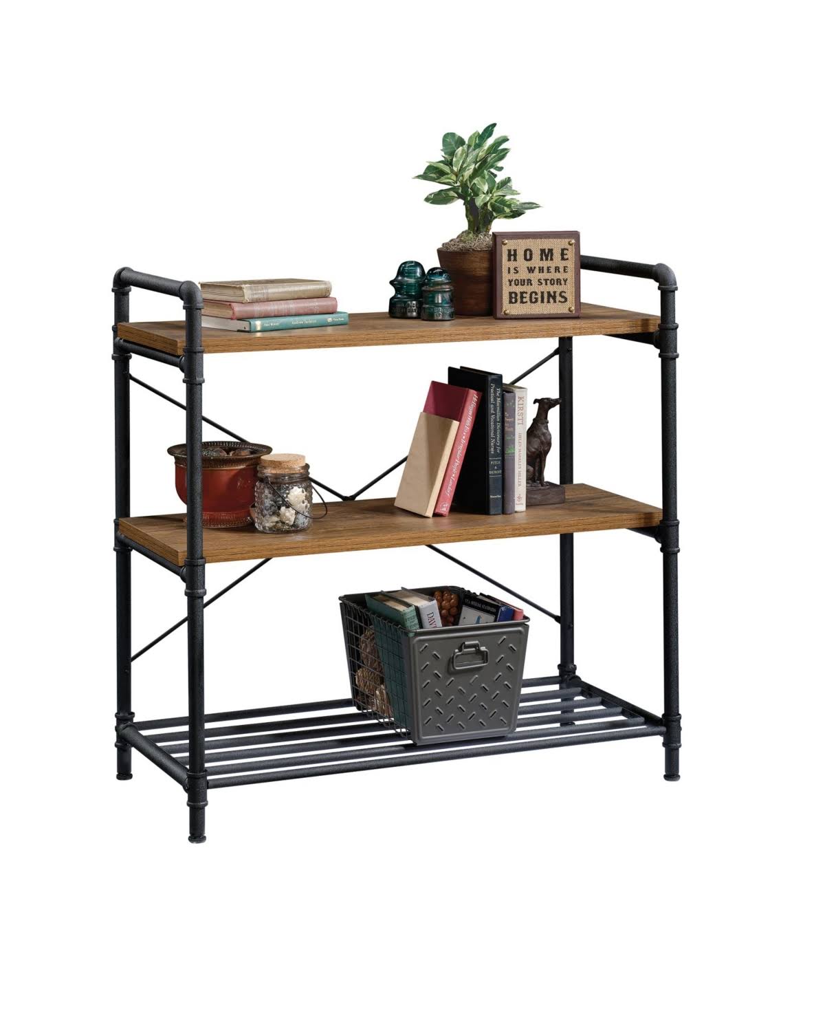 Sauder Iron City Anywhere Console Table, Checked Oak