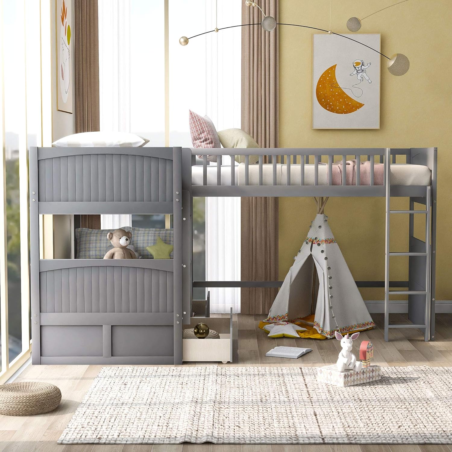 Twin over Twin L-Shaped Triple Bunk Beds with 2 Storage Drawers and 2 Ladders, Wooden Bunk Beds with a Loft Attached for 3 Kids Teens, Gray