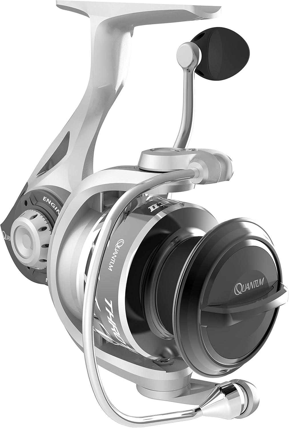 Quantum Throttle Spinning Fishing Reel, Size 30 Reel, Anodized Aluminum Bail Wire, Continuous Anti-Reverse Clutch, R·E·D Aluminum Unibody Design, MaxCast II Spool, 5.2:1 Gear Ratio, Silver, Clam Pack