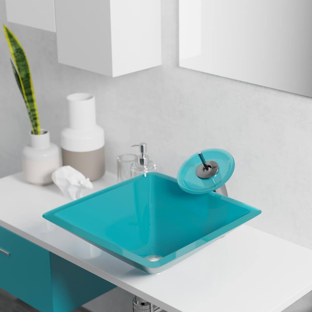 Rene R5-5003-CER-R9-7001 16-1/2x22 Glass Vessel Bathroom Sink with Vessel Faucet Cerulean / Chrome
