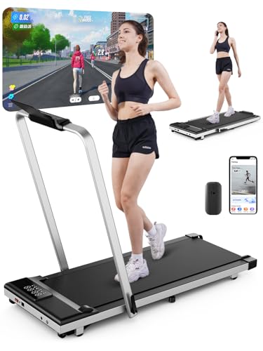 DeerRun 3 in 1 Walking Pad Treadmill, 300 Weight Capacity Foldable Treadmill, 3.0HP Low Noise Under Desk Treadmills for Home Office with Remote & APP
