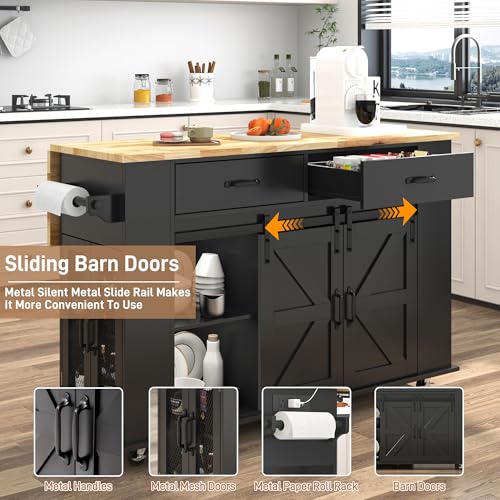 59" Kitchen Island W/Power Outlet&Drop Leaf,Kitchen Rolling Island W/Spice Rack&Towel Rack&Drawers,Kitchen Island Cart W/Sliding Barn Door,Mobile Island Table W/Adjustable Shelves for Dining Room