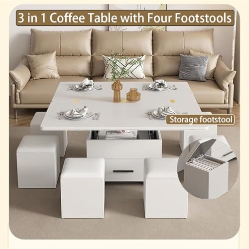 3 in 1 Expandable Wood Dining Table with 4 Storage Stools - Multi-Function Lift Top Coffee Table with Drawer for Living Room(White)