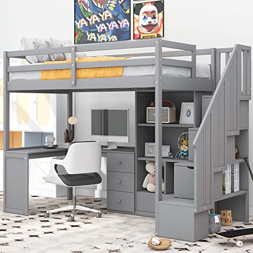 Modern Wooden Full Size Loft Bed with Desk and Shelves,Two Built-in Drawers and Storage Staircase,for Kids Boys Girls Teens Adults Bedroom (Gray@Desk, Full)