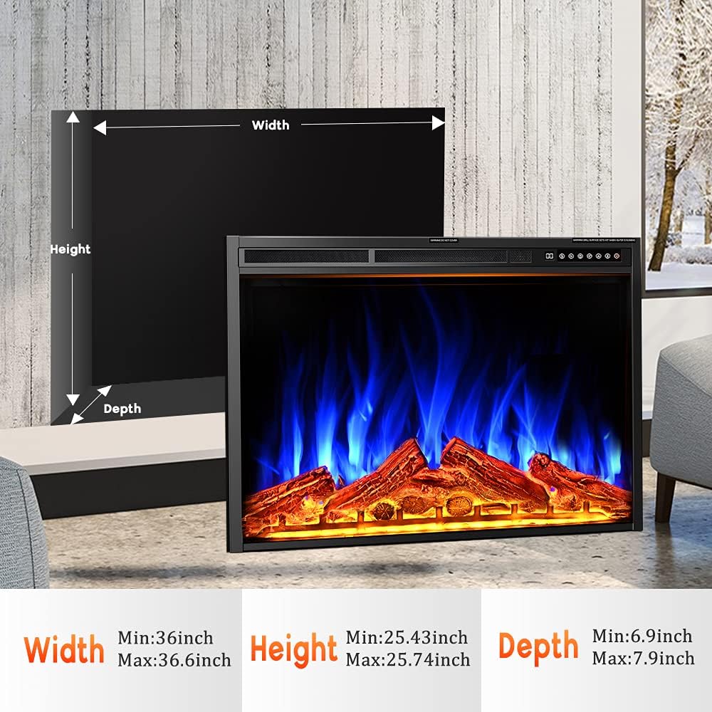 Electric Fireplace Insert 37", Rintuf Electric Heater Recessed or Free-standing, Adjustable Flame Colors and Speed, Touch Screen, Remote Control with Timer, 750-1500W with Colorful Flame Option, Black
