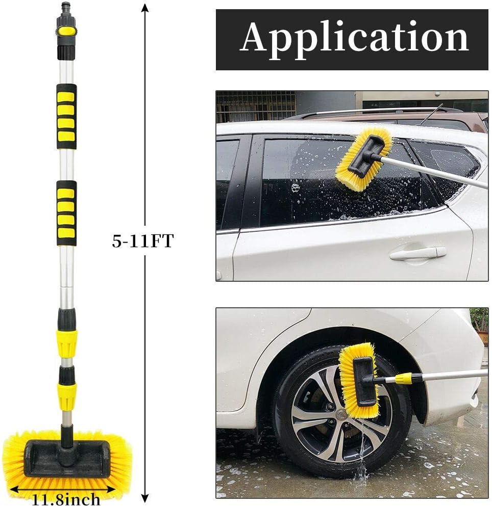 Buyplus 5-12 Foot (20 Foot Reach) Car Wash Brush with 12-Inch Soft Bristle, On/Off Switch Telescopic Flow Through Car Truck Boat Washing Brush with Hose Attachment for Cleaning House Siding Pack of 2