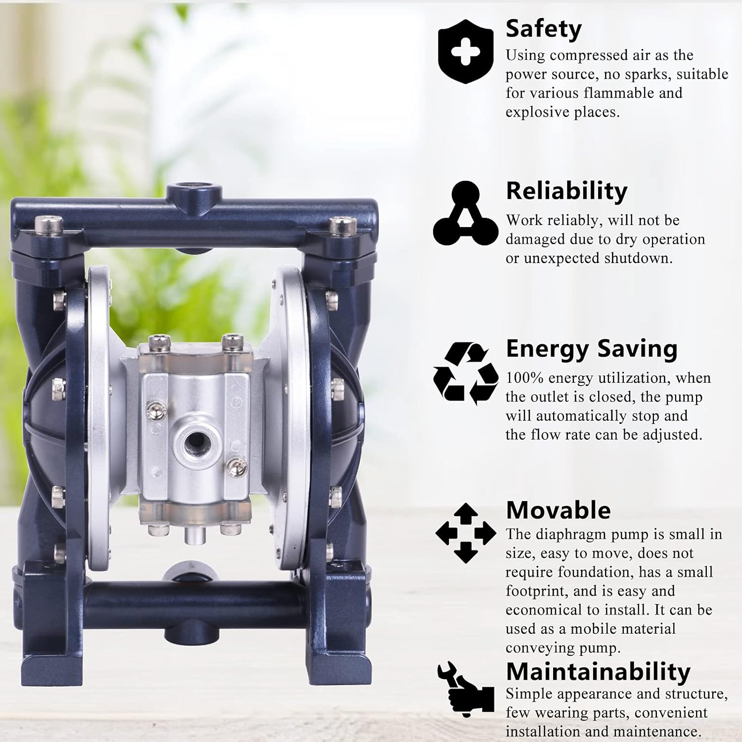 Air-Operated Diaphragm Pump Pneumatic Double Diaphragm Pump 3/8" Inlet & Outlet Transfer Pump 1/4" Air Inlet for Chemical Industrial Use (18L/min)