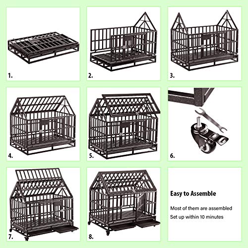 PUPZO Dog Cage Crate Kennel Heavy Duty Tear Resistant Square Tube with Four Wheels for Large Dogs Easy to Install (38 inch roof, Brown)