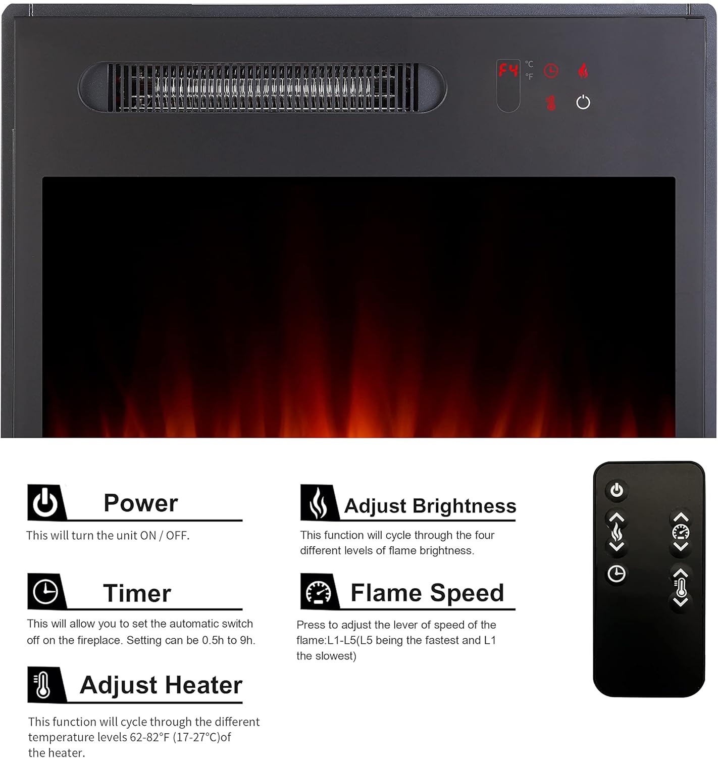 MOCIFI 23 inch Built-in Electric Fireplace Insert Heater,Low Noise,Remote Control,Touch Control Screen,Adjustable Flame Brightness and Speed,1500W,Black