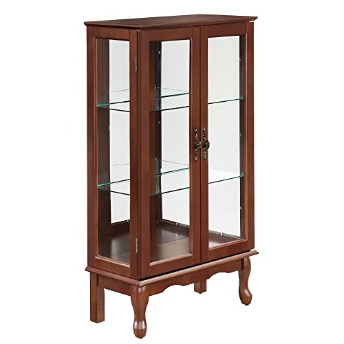 Wooden Lighted Curio Display Storage Cabinet with 3-Tier Adjustable Shelves Mirrored Back Panel, Tempered Glass, Magnetic Door Closures, Floor Mount, Classic Style, Walnut