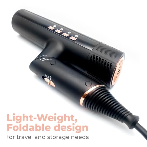 DryQ Smart Hair Dryer from SRI | Infrared and Ionic Technology - Lightweight + Foldable - Powerful + Quiet - 3 Magnetic Attachments - Heat Control with Locking Switch