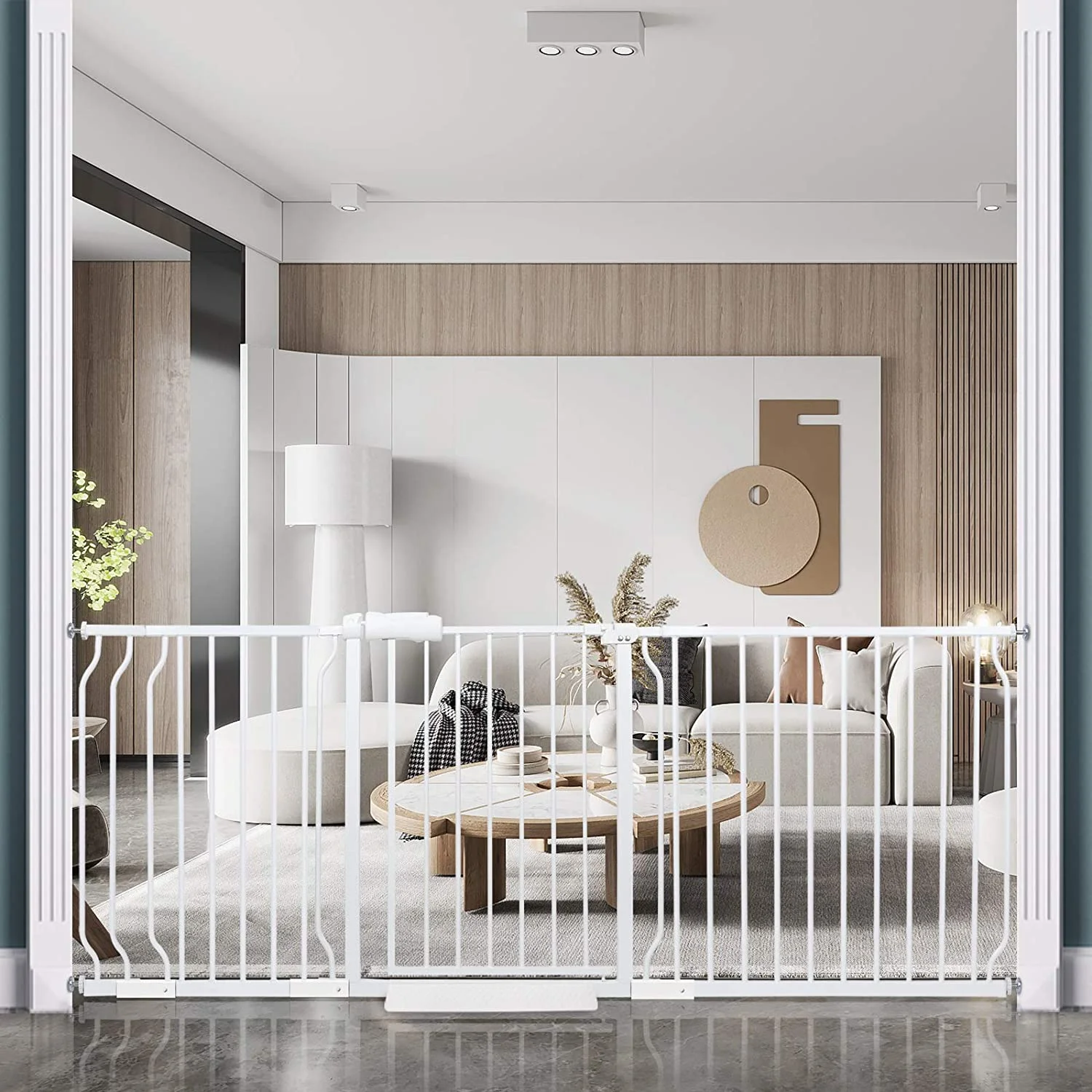 Extra Wide Baby Gate Pressure Mounted Dog Gates Extra Wide Tension Indoor Safety Gates Metal Large Pet Gate Walk Through for The House Doorways Stairs(76.38"-81.10"/194-206CM, White)