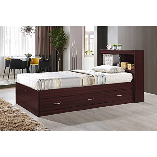 HODEDAH Twin Size Wood Platform Bed with Bookcase Headboard with 3 Drawers for Bedroom Storage Organization, Beech