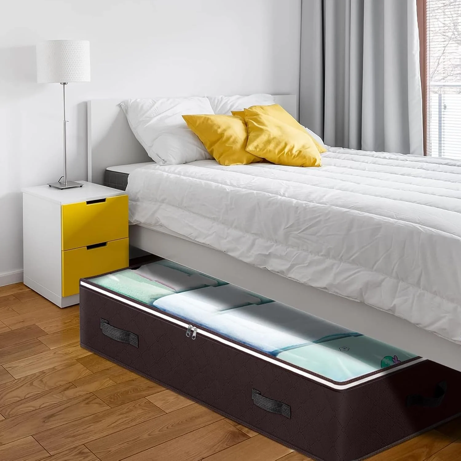 UniMall  6 Pack 90L Under bed Storage Containers Organizer Large Capacity Underbed Clothes Storage Bins Organization and Storage Bedroom Foldable Storage Bags with Clear Window Brown