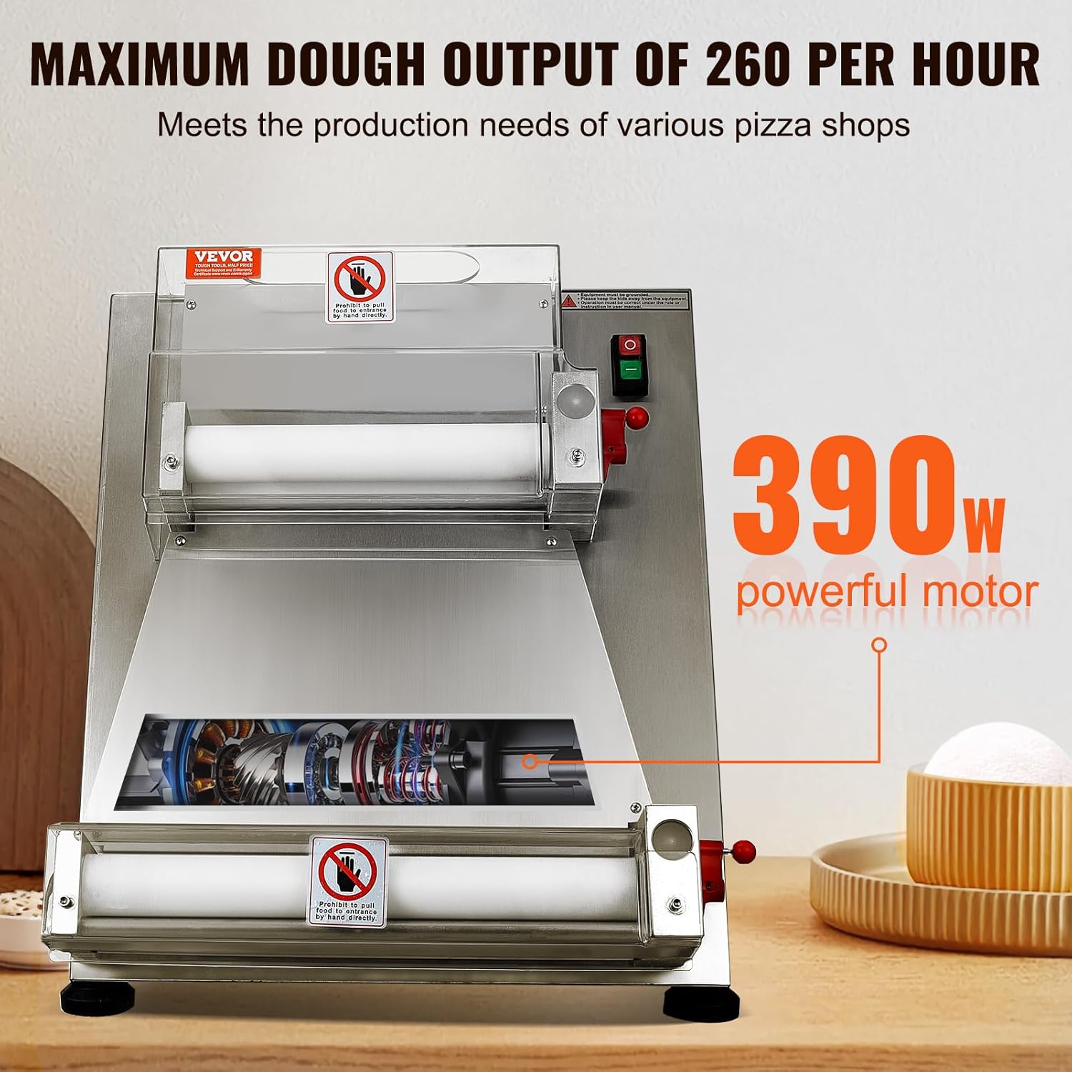 VEVOR Pizza Dough Roller Sheeter, 3-15 Inch Automatic Commercial Pizza Press, 390W Electric 260 Per Hour Dough Roller, Stainless Steel Adjustable Thickness Dough Machine, for Pasta Maker Equipment
