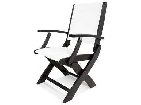 POLYWOOD Coastal Folding Chair in Sand / Navy Blue Sling