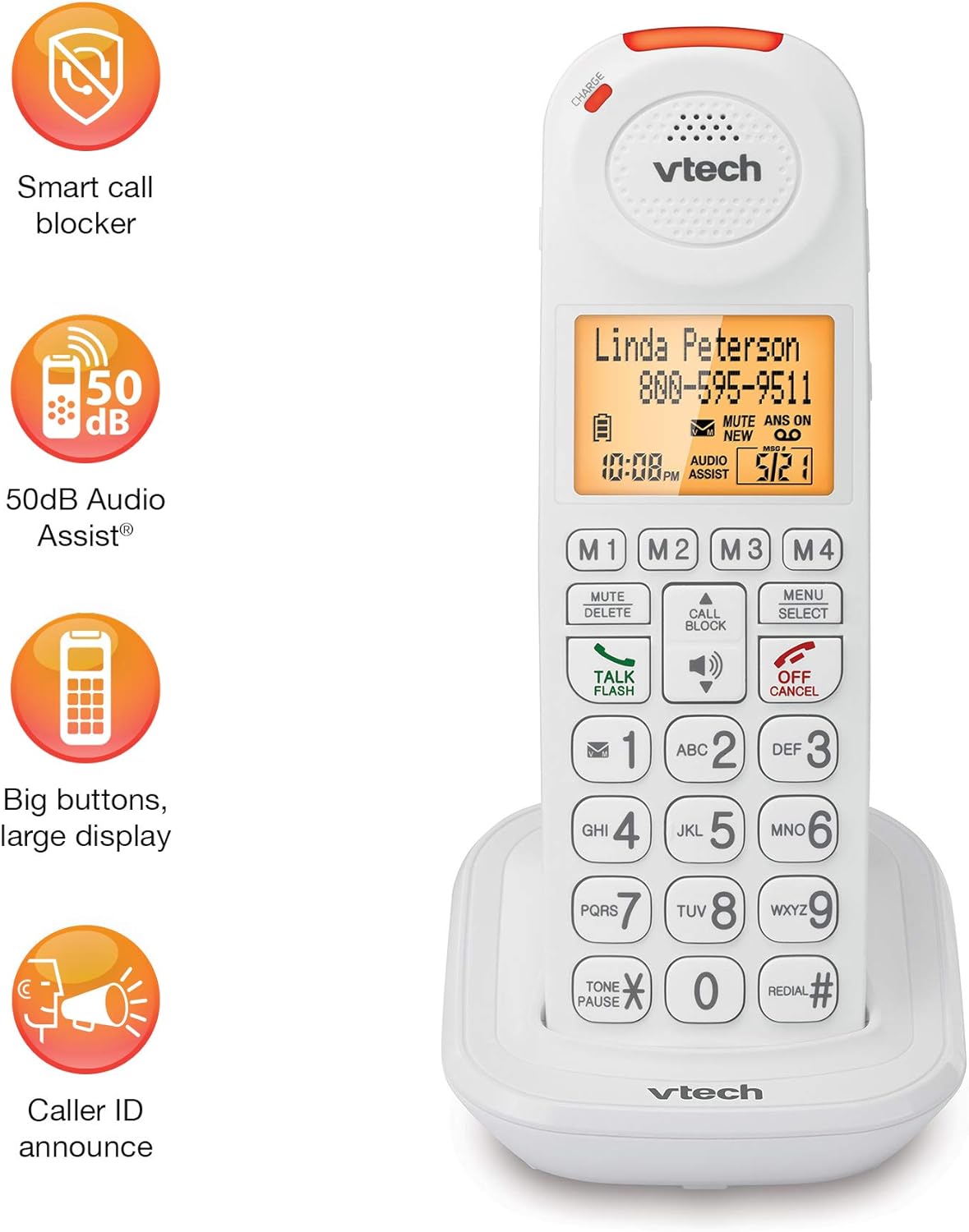 VTech SN5147 Amplified Corded/Cordless Senior Phone with Answering Machine, Call Blocking, 90dB Extra-loud Visual Ringer, One-touch Audio Assist on Handset up to 50dB, Big Buttons and Large Display