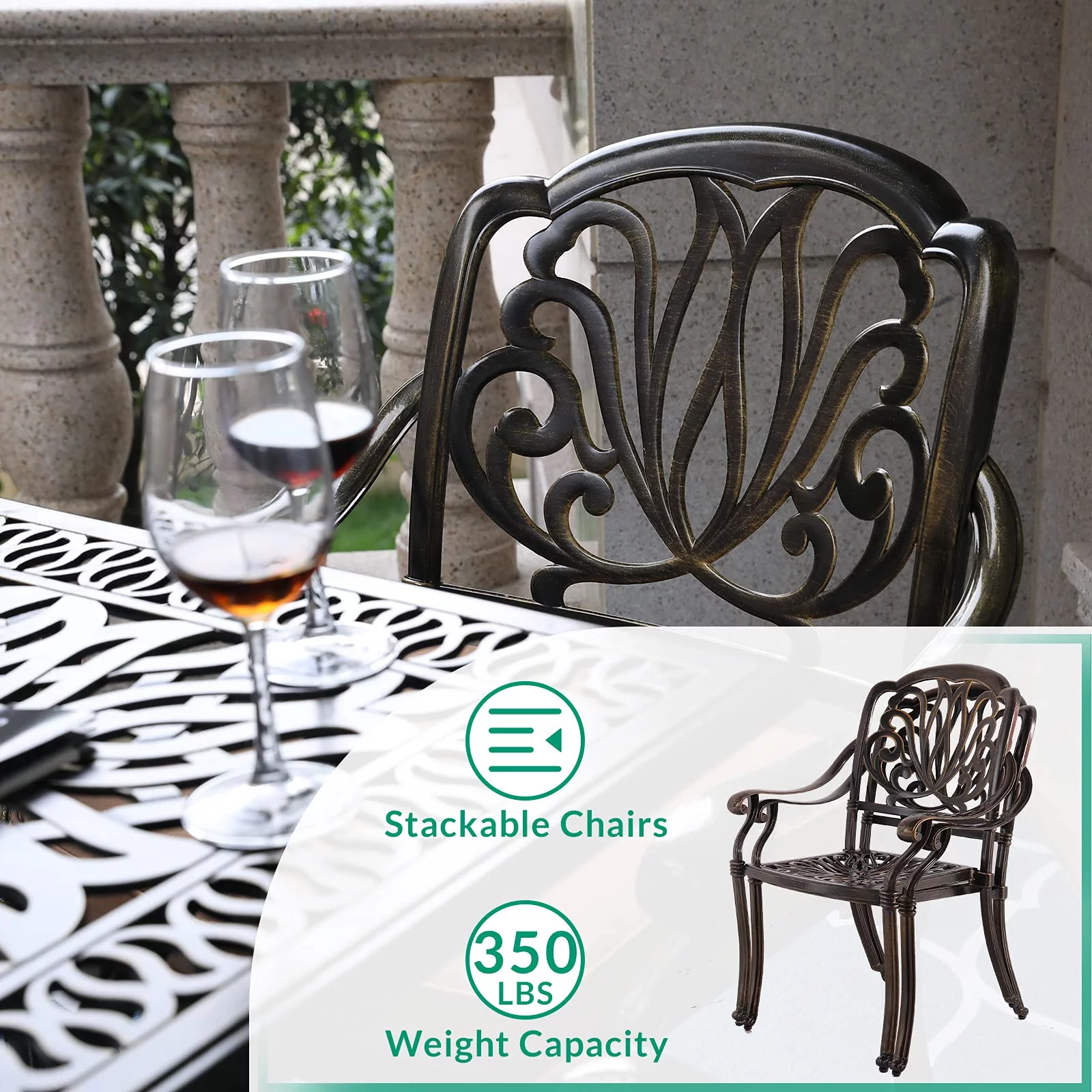 VIVIJASON 3-Piece Patio Bistro Sets, All-Weather Cast Aluminum Bistro Table Set Outdoor Patio Furniture, Include 2 Cushioned Chairs and 35.4" Round Table, 2" Umbrella Hole - Curated Treasures Market