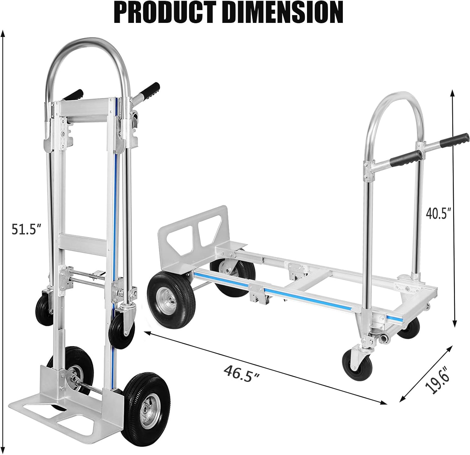 Aluminum Hand Truck, Heavy Duty Convertible Hand Truck Dolly 2 in 1 Design, 770 LBS Utility Cart Dolly Cart with Rubber Wheels Commercial Grade for Transportation in Warehouse