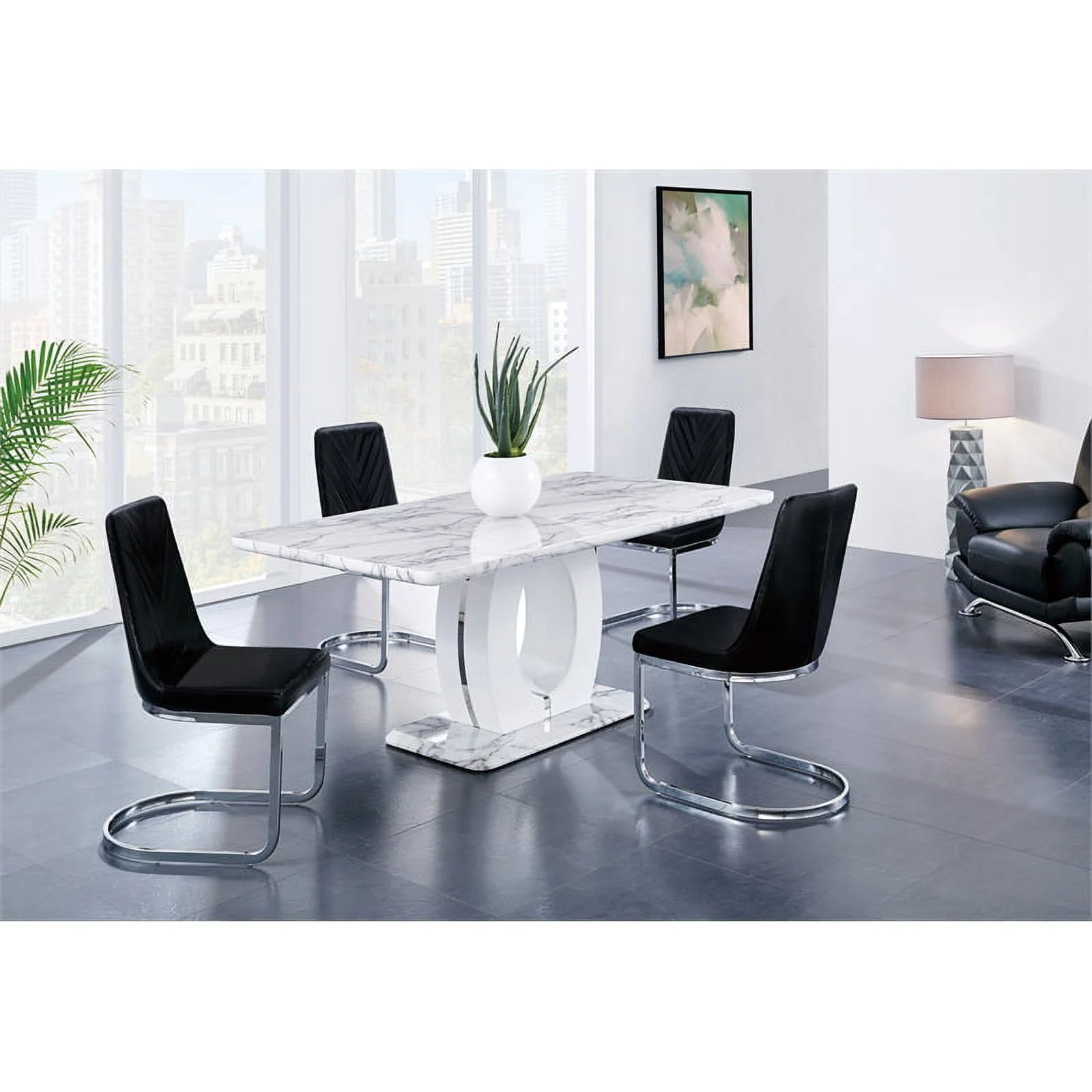 Pemberly Row Contemporary White Faux Marble Pedestal Base Dining Table