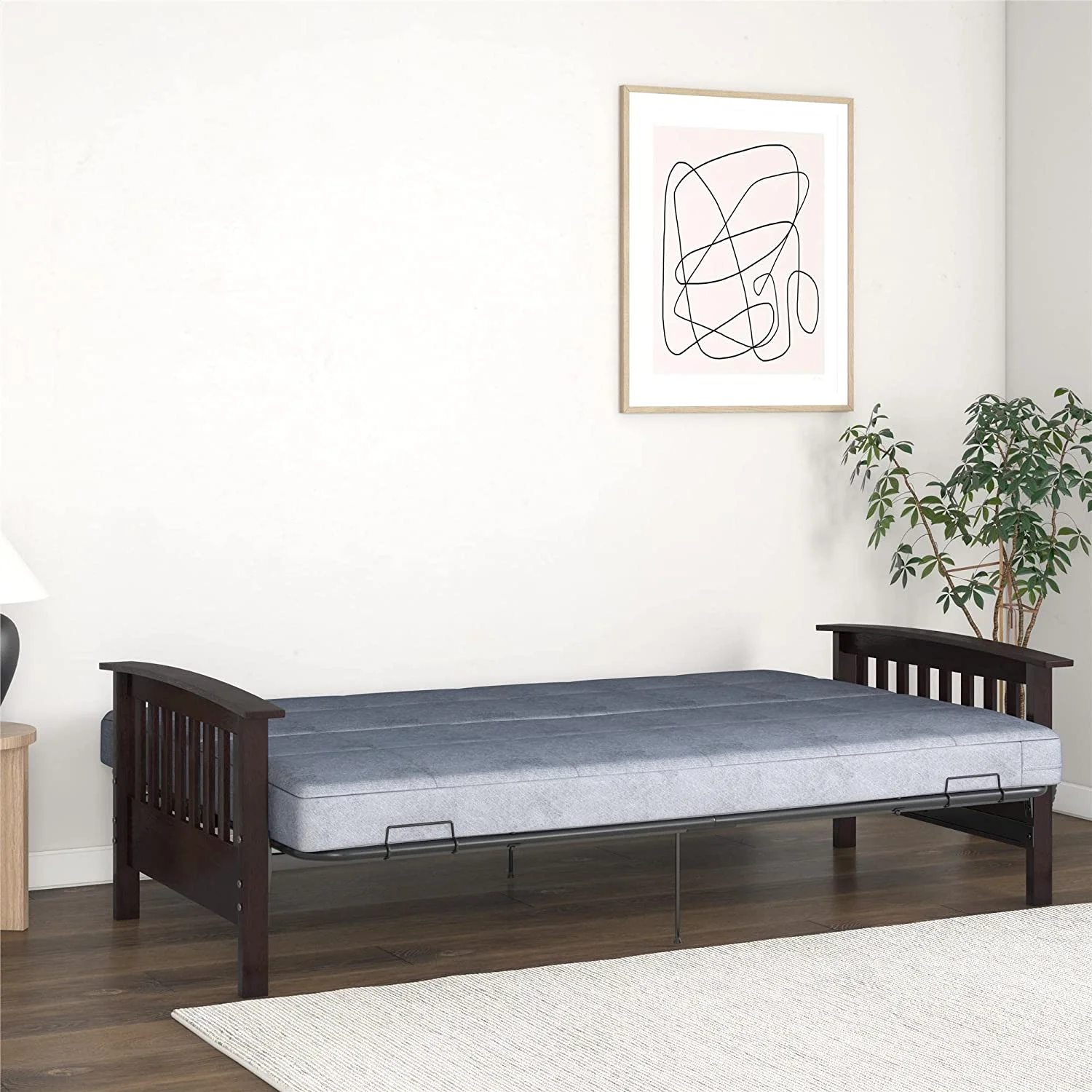 Elbi Full Size Wood Arm And Black Metal Futon Frame, Natural