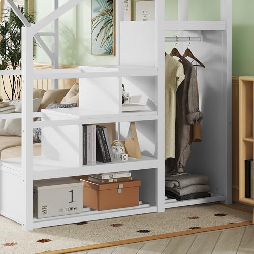 Full Size Loft Bed with Stairs and Storage, Metal Loft Bed Frame with Bedside Shelf and Large Under-Bed Space, Heavy-Duty Bed for Adults Teens and Kids, Black